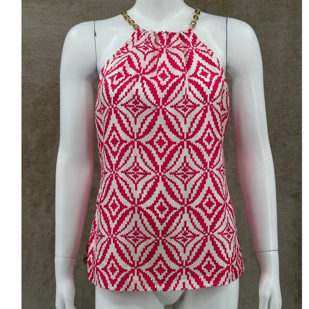 Milly Top Womens 4‎ Pink Geometric Sleeveless Chain Halter Silk Designer Summer